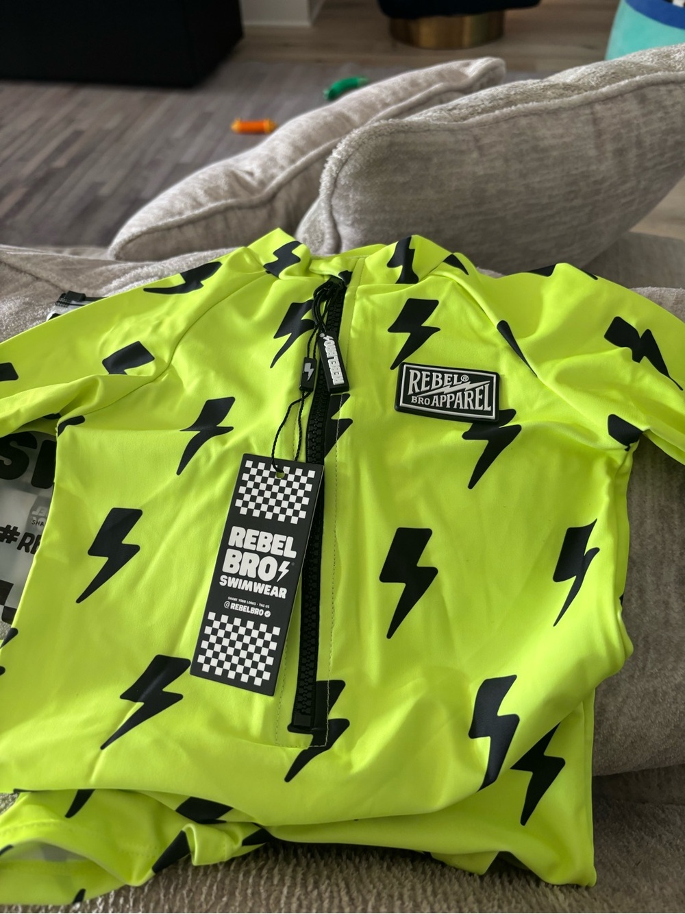 Rebel Bro Neon Yellow Lightning Kids Swim Rash Guard Romper